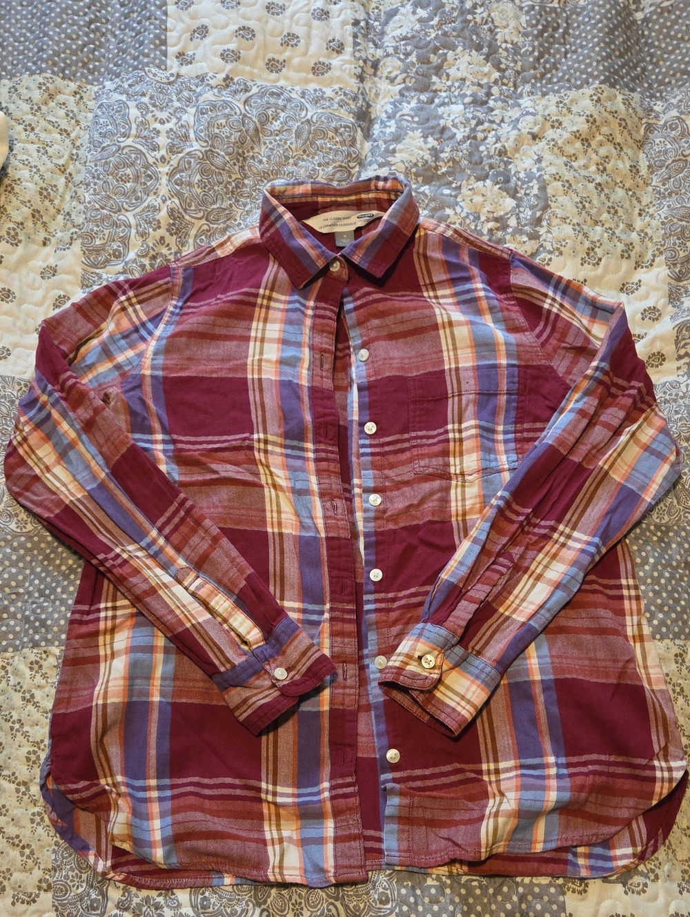 Old Navy Women's Burgundy Plaid Button-Down Shirt with Blue and Tan Accents